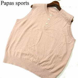 Papas SPORTS パパス 秋冬 ロゴ刺繍★ ウール100％ ヘンリーネック ニット ベスト Sz.M　メンズ ピンク 日本製　A3T14296_B#K