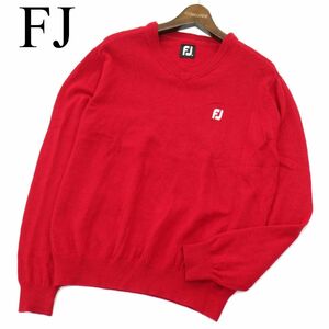 美品★ FJ FOOT JOY フットジョイ 秋冬 ロゴ刺繍★ ウール100％ Vネック ニット セーター Sz.M　メンズ 赤 ゴルフ　A3T14272_B#K