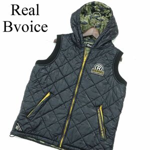 RealBvoice リアルビーボイス 秋冬 ナイロン100％★ ロゴ ワッペン フーディー キルティング 中綿 ベスト Sz.M　メンズ 黒　A3T14633_C#N