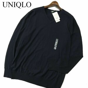 新品 21AW UNIQLO ユニクロ ウール100% エクストラファインメリノ Vネック ニット セーター Sz.XXL メンズ 紺 大きい 未使用　A3T14568_C#K