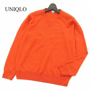 美品★ UNIQLO ユニクロ 秋冬 カシミヤ100%★ Vネック ニット セーター Sz.L　メンズ オレンジ　A3T14201_B#K