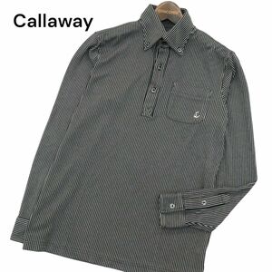 Callaway キャロウェイ 通年 刺繍 ストライプ★ 長袖 ボタンダウン ポロシャツ Sz.M　メンズ 黒 ゴルフ　A3T14989_C#F