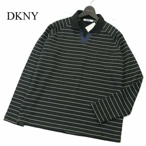 【新品 未使用】 DKNY ダナキャラン 秋冬 ボーダー★ スキッパー 長袖 スウェット トレーナー ポロシャツ Sz.L　メンズ 黒　A3T15224_C#B