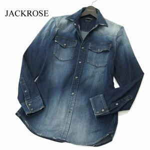 JACKROSE ジャックローズ ダメージ加工★ ストレッチ 長袖 ウエスタン デニム シャツ Sz.4　メンズ 日本製　A3T15317_C#C