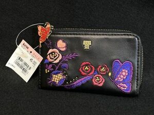 未使用 新品 アナスイ ANNA SUI レザー サイフ 小銭入れ コインケース タグ付き 黒 刺繍 1214