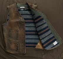 【傑作】世界60着限定 RRL LIMITED EDITION LEATHER VEST ダブルアールエル リミテッド 茶芯 ブランケット レザー ベスト 2010年製 S_画像2