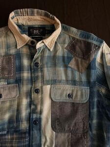 【希少】世界112着限定 RRL INDIGO PATCHWORK SHIRT ダブルアールエル リミテッド パッチワーク 本藍染め 杢 ストライプ シャツ 2011年製 S