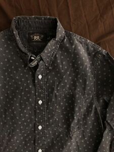 【希少】極美品 RRL BLACK INDIGO WORK SHIRT ダブルアールエル ブラック インディゴ 総柄 抜染 ワーク シャツ ラルフローレン M