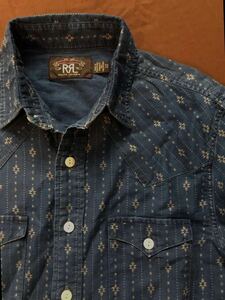 【傑作】極美品 RRL NATIVE INDIGO STRIPE SHIRT ダブルアールエル ネイティブ 総柄 インディゴ ストライプ シャツ ドレス ワーク XS