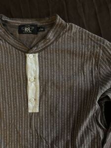 【希少】極美品 RRL STRIPE HENLEYNECK ダブルアールエル ジョニーデップ着用 ヘンリーネック バンドカラー ストライプ ヴィンテージ L