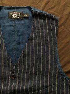 【名作】極美品 RRL INDIGO LINEN STRIPE VEST ダブルアールエル ジョニーデップ着用 ストライプ インディゴ 本藍染め リネン ベスト S