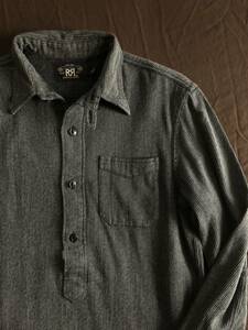 【名作】極美品 RRL BLACK STRIPE WORK SHIRTS ダブルアールエル メタルボタン ブラック グレー 杢 斑 ストライプ シャツ XS