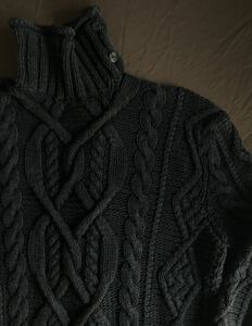 【傑作】美品 RRL MOCK NECK BLACK INDIGO HAND KNIT ダブルアールエル ブラック インディゴ アラン モックネック ニット セーター S〜M