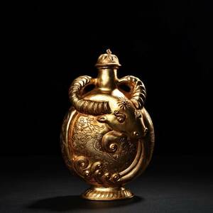  *珍品旧蔵* 純銅高エンボス彫刻鏨刻金金牛頭酒壺 中国古美術 SY1215