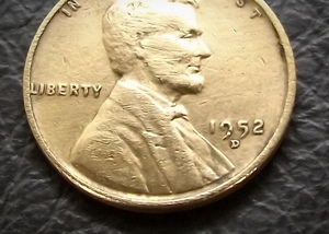 1セントコイン リンカーン 小麦 1952年製造 D刻印　 送料無料です。　（15965） USA 貨幣 硬貨 ペニー アメリカ