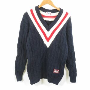 90s Budweiser Vネック ライン ケーブルニット スクール セーター size2L/バドワイザー　1203