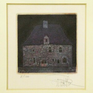 # pine .. Hara house copperplate engraving 8/100 frame with autograph!! present-day woodcut. . Takumi yoruk*shu my sa-... Europe. building . scenery ... woodcut house 