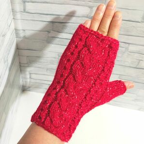 【還暦祝い】　ハンドウォーマー　リストウォーマー　赤　編み物　手編み