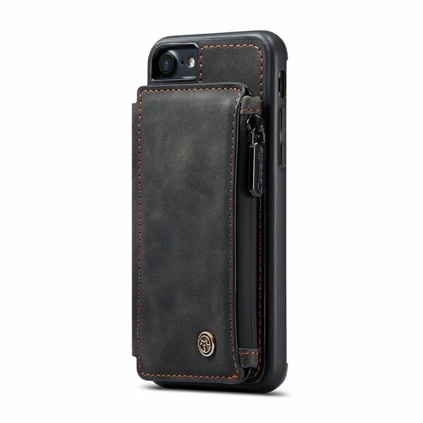 iphone7plus ケースiPhone8plus レザーケース アイフォン8プラス レザーケース 背面 ファスナーポケット付き カード収納 カバー ブラック