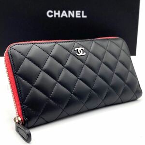 美品 シャネル CHANEL マトラッセ ラムスキン キャビアスキン ロゴ シェブロン V ステッチ 長財布 ブラック ココマーク レザー エナメル 