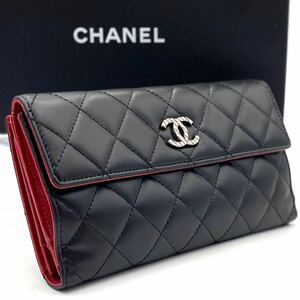 美品 シャネル CHANEL マトラッセ ラムスキン キャビアスキン ロゴ シェブロン V ステッチ 長財布 ブラック ココマーク レザー エナメル 