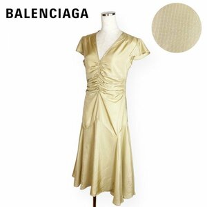 ★高級素材/美品★ BALENCIAGA バレンシアガ シルク100% ギャザーロングワンピース Aライン 近年モデル ライトベージュ 36サイズ(Sサイズ)