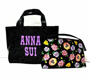 《ANNASUI》(アナスイ)魅惑的！豪華「バッグ&ポーチ」2点セット＊(ミニバッグ)虹色ラメ柄＊(ミニポーチ)薔薇柄(美品)