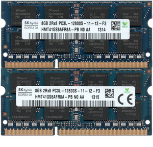 【DDR3 8GBx2枚 合計16GB ノートPC用】＜動作確認済＞SK hynix 低電圧 1.35V DDR3L-1600 (PC3L-12800S) HMT41GS6AFR8A-PB 2枚【中古】H932
