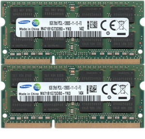 【DDR3 8GBx2枚 合計16GB ノートPC用】＜動作確認済＞SAMSUNG 低電圧 1.35V DDR3L-1600 (PC3L-12800S) M471B1G73DB0-YK0 2枚【中古】H916
