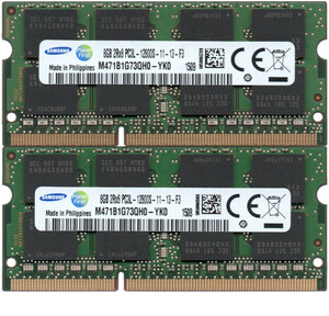 【DDR3 8GBx2枚 合計16GB ノートPC用】＜動作確認済＞SAMSUNG 低電圧 1.35V DDR3L-1600 (PC3L-12800S) M471B1G73QH0-YK0 2枚【中古】H918