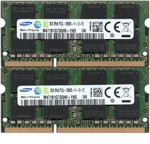 【DDR3 8GBx2枚 合計16GB ノートPC用】＜動作確認済＞SAMSUNG 低電圧 1.35V DDR3L-1600 (PC3L-12800S) M471B1G73QH0-YK0 2枚【中古】H920