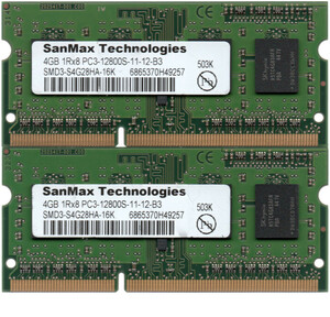 SanMax Technologies DDR3-1600 (PC3-12800S) 4GBx2枚 合計8GB ノートPC用 SMD3-S4G28HA-16K 両面実装(1Rx8) 動作確認済【中古】H886