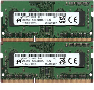 【DDR3 4GBx2枚 合計8GB ノートPC用】＜動作確認済＞Micron 低電圧 1.35V DDR3L-1600 (PC3L-12800S) MT8KTF51264HZ-1G6N1 x2枚【中古】H901