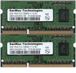 SanMax Technologies DDR3-1600 (PC3-12800S) 4GBx2枚 合計8GB ノートPC用 SMD3-S4G28HA-16K 両面実装(1Rx8) 動作確認済【中古】H903