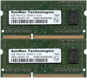 【DDR3 4GBx2枚 合計8GB ノートPC用】＜動作確認済＞SanMax 低電圧 1.35V DDR3L-1600 (PC3L-12800S) SMD3L-S4G28HC-16K x 2枚【中古】H904