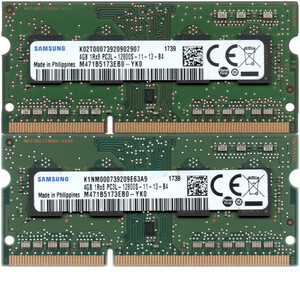 【DDR3 4GBx2枚 合計8GB ノートPC用】＜動作確認済＞SAMSUNG 低電圧 1.35V DDR3L-1600 (PC3L-12800S) M471B5173EB0-YK0 x 2枚【中古】H876
