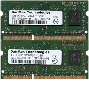 SanMax Technologies DDR3-1600 (PC3-12800S) 4GBx2枚 合計8GB ノートPC用 SMD3-S4G28HA-16K 両面実装(1Rx8) 動作確認済【中古】H887