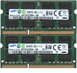 【DDR3 8GBx2枚 合計16GB ノートPC用】＜動作確認済＞SAMSUNG 低電圧 1.35V DDR3L-1600 (PC3L-12800S) M471B1G73BH0-YK0 2枚【中古】H862