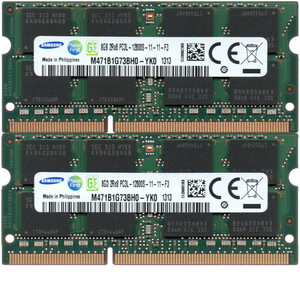 【DDR3 8GBx2枚 合計16GB ノートPC用】＜動作確認済＞SAMSUNG 低電圧 1.35V DDR3L-1600 (PC3L-12800S) M471B1G73BH0-YK0 2枚【中古】H861
