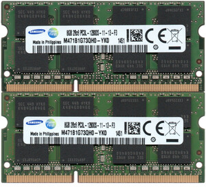 【DDR3 8GBx2枚 合計16GB ノートPC用】＜動作確認済＞SAMSUNG 低電圧 1.35V DDR3L-1600 (PC3L-12800S) M471B1G73QH0-YK0 2枚【中古】H860
