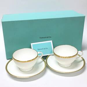 F11-106A【美品】ティファニー カップ＆ソーサー ペア 2客 / 箱付き 食器 ブランド TIFFANY＆Co. ゴールドバンド ティーカップ