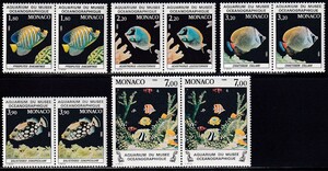16 モナコ【未使用】＜「1985 SC#1481-85 モナコ海洋博物館・水族館の魚」　横ペア・5種完 ＞