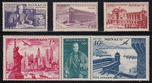 46 モナコ【未使用】＜「1947 SC#C16-17,C20a（航空）ニューヨーク国際切手展参加記念」　6種完 ＞