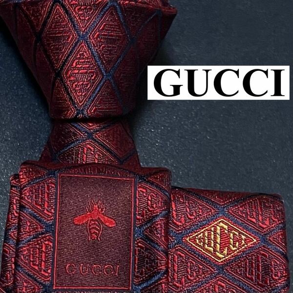 未使用 GUCCI グッチ ネクタイ 現行 シルク ジャガード 刺繍 蜂 bee ビー シマ GG ダイヤモンド ひし形 レッド 赤 メンズ ビジネス