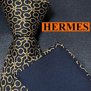 完売品 HERMES エルメス 美品 ネクタイ シルク ファソネH H柄 H織 刺繍 ジャガード ビジネス メンズ 通勤 ゴールド 金 ネイビー 紺 リング