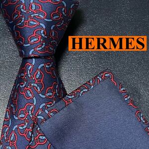 完売品 HERMES エルメス 美品 ネクタイ シルク ファソネH H柄 H織 刺繍 ジャガード ビジネス メンズ 通勤 レッド 赤 ネイビー 紺 鎖