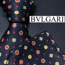 極美品 BVLGARI ブルガリ メンズ ネクタイ シルク セッテピエゲ ロゴ 刺繍 ジャガード イタリア製 ピクトリアル サーカス ネイビー 紺_画像1