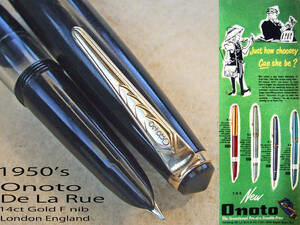 ◆レア美品◆1950's オノト De La Rue 万年筆 ブラック 14金F ロンドン◆1950's Onoto De La Rue Piston Filler 14ct F nib London◆