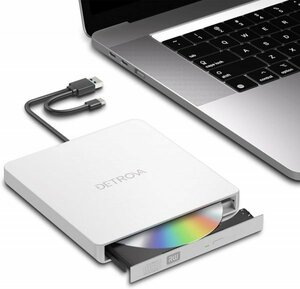 DETROVA 外付け DVD/CD ドライブ、DVD レコーダー、CD/DVD-R プレーヤー、USB 3.0 & Type-C ケーブル