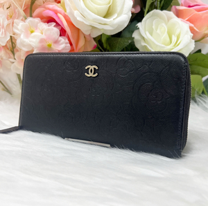 1円スタート CHANEL シャネル キャビアスキン カメリア ラウンドファスナー 長財布 ブラック 黒 シルバー金具 31番 リカラー